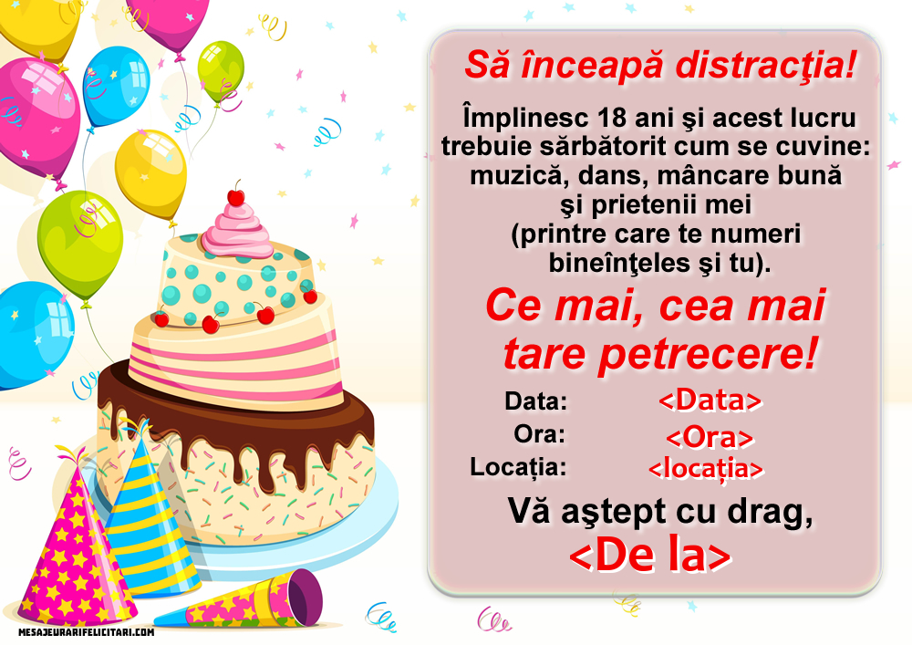 Te invit la cea mai tare petrecere! - Tort & Baloane & Confeti - Invitații la Majorat personalizate