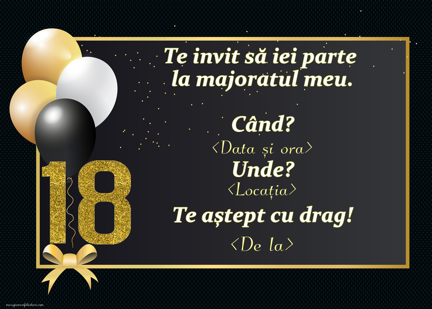 Invitație la majorat - Model Clasic cu baloane - Invitații la Majorat personalizate