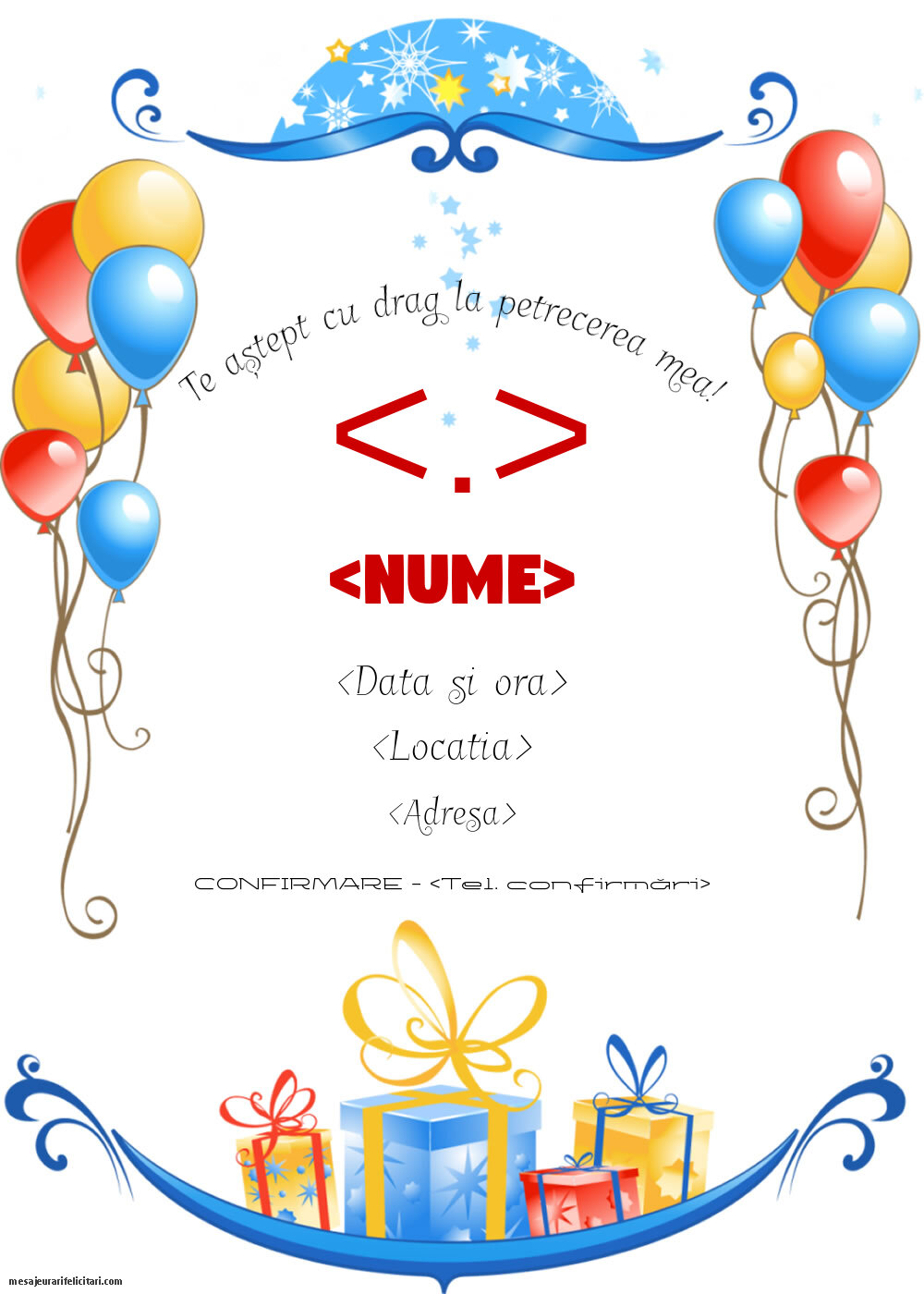 Invitație pentru fete cu baloane și cadouri cu vârsta editabilă - Invitații la Ziua de nastere personalizate