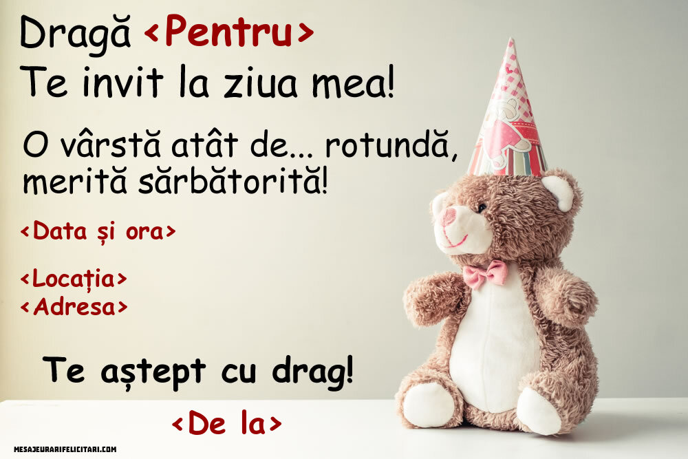 Invitație cu un ursuleț de pluș - Invitații la Ziua de nastere personalizate