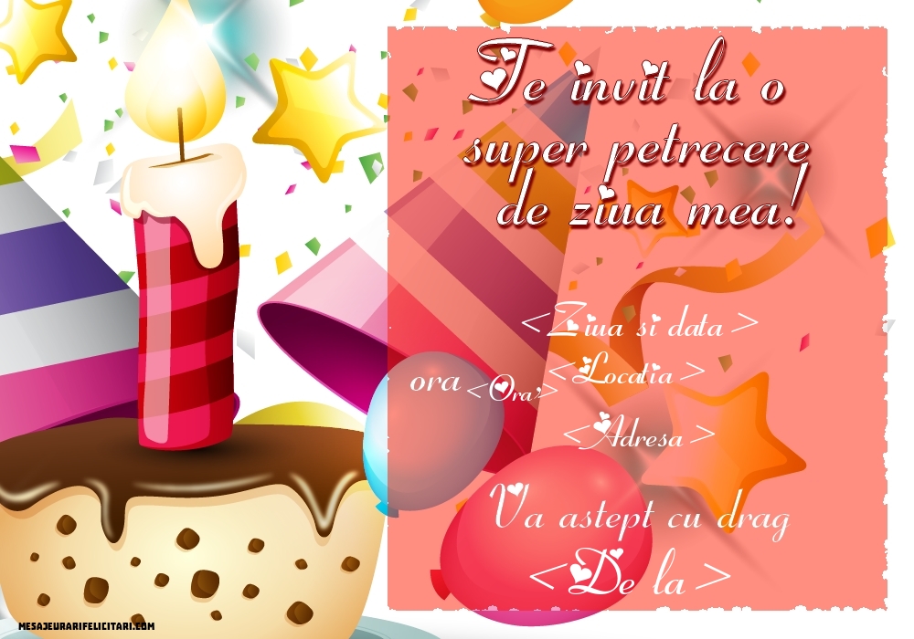 Te invit la o super petrecere de ziua mea! - model cu tort si font cu inimi - Invitații la Ziua de nastere personalizate