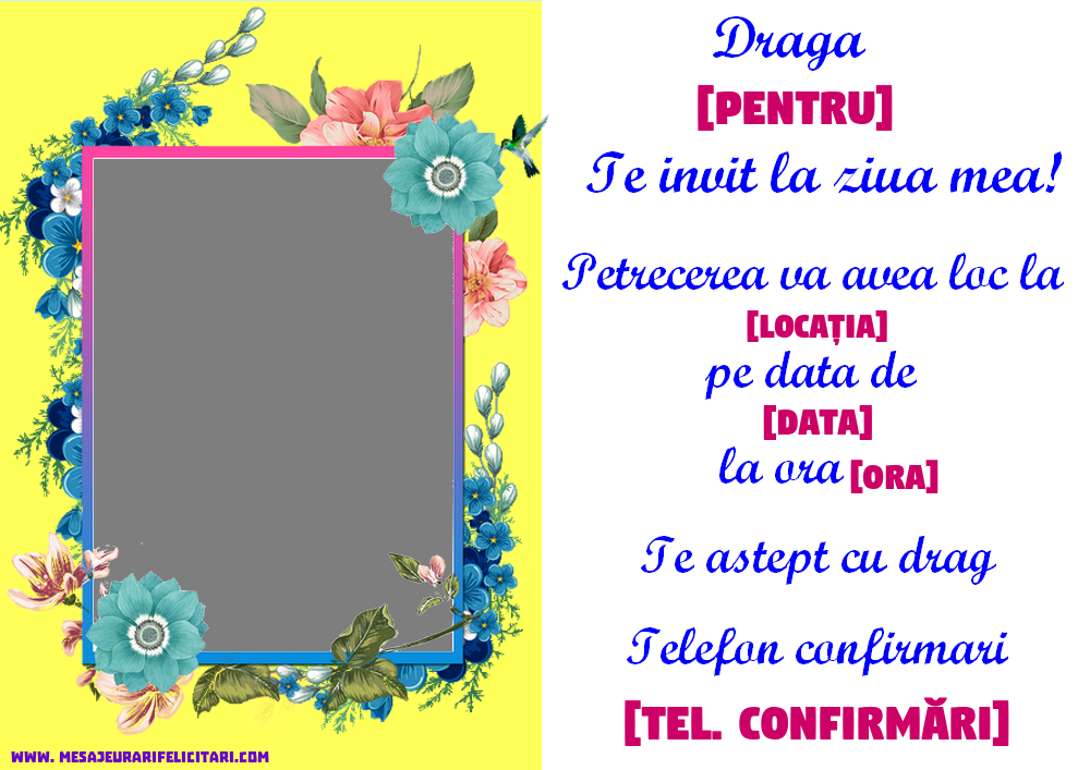 Invitatie cu poza ta cu flori - Te invit la ziua mea! - Invitații la Ziua de nastere personalizate