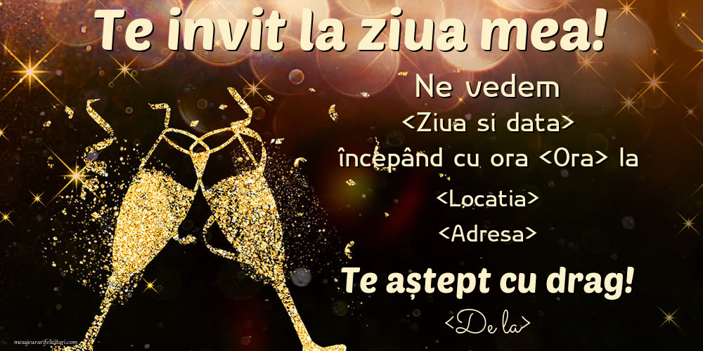 Te invit la ziua mea! - pahare de șampanie - Invitații la Ziua de nastere personalizate