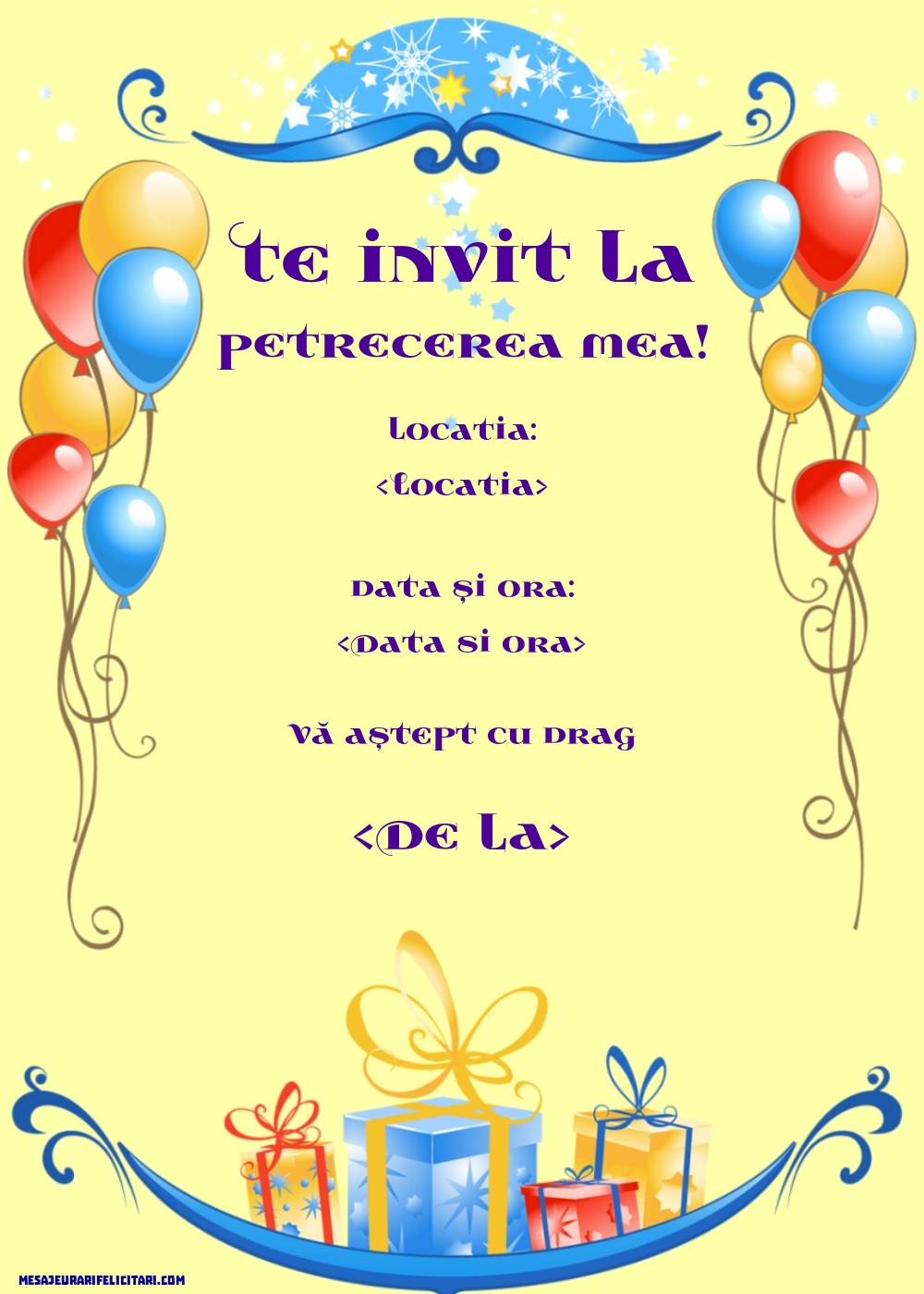 Invitație verticală cu cadouri și baloane - Invitații la Ziua de nastere personalizate