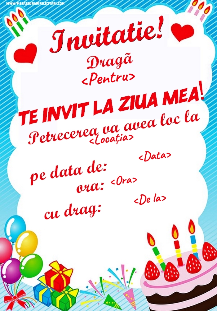 Invitatie la petrecere - Tort, cadouri și baloane - Invitații la Ziua de nastere personalizate