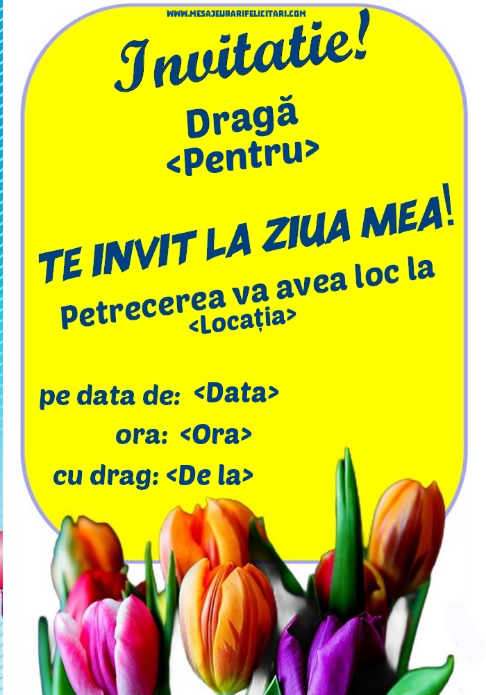 Invitatie la petrecere - cu lalele - Invitații la Ziua de nastere personalizate
