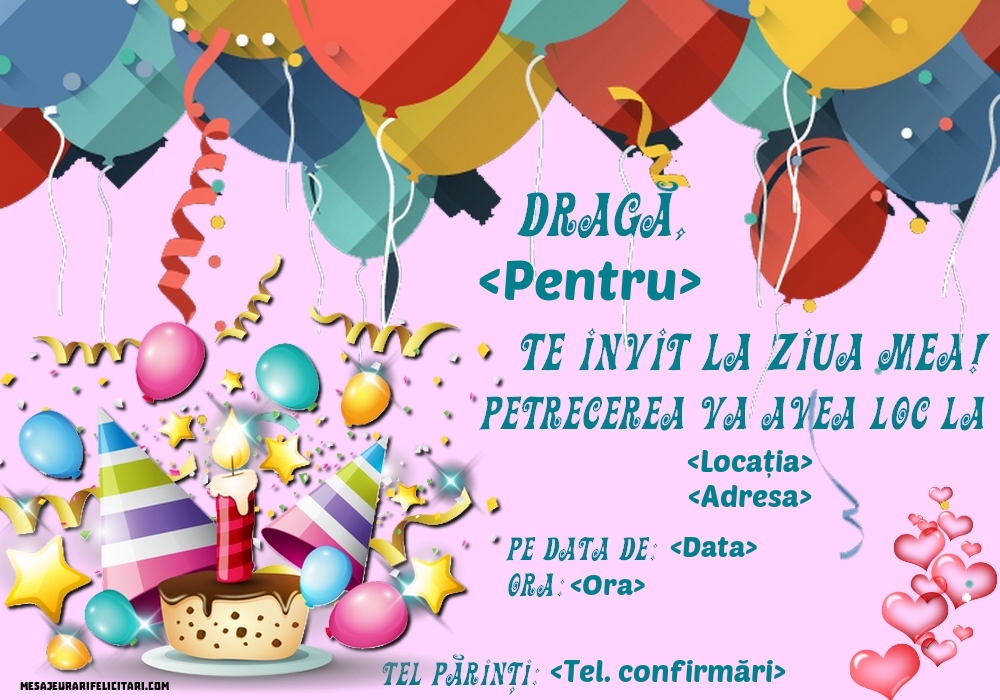 Te invit la ziua mea! Model party cu baloane, confetti si inimioare - Invitații la Ziua de nastere personalizate