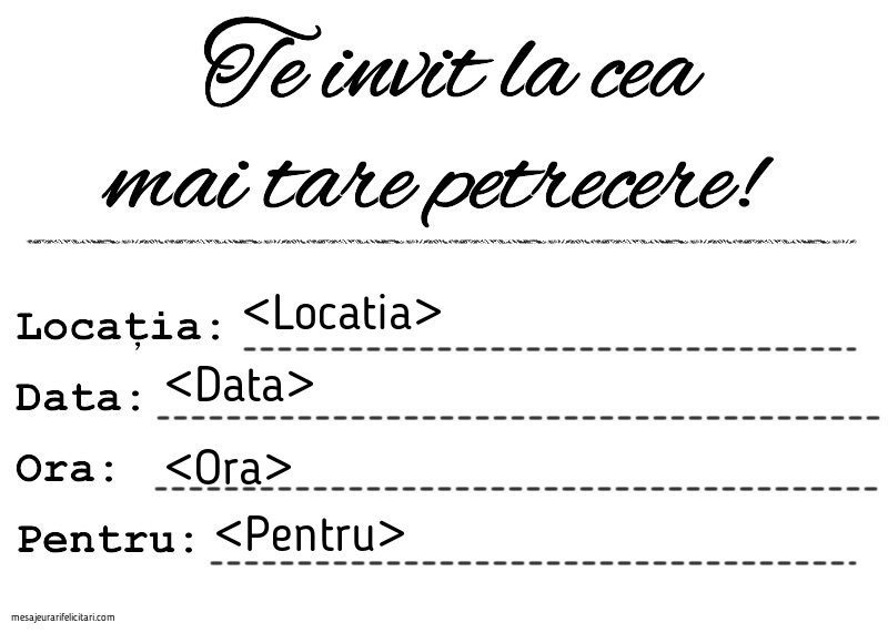 Invitație la petrecere simplă, scris negru pe fundal alb - Invitații la Ziua de nastere personalizate