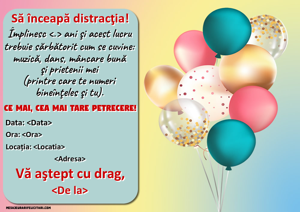 Invitație cu baloane - Să înceapă distracţia! - Invitații la Ziua de nastere personalizate