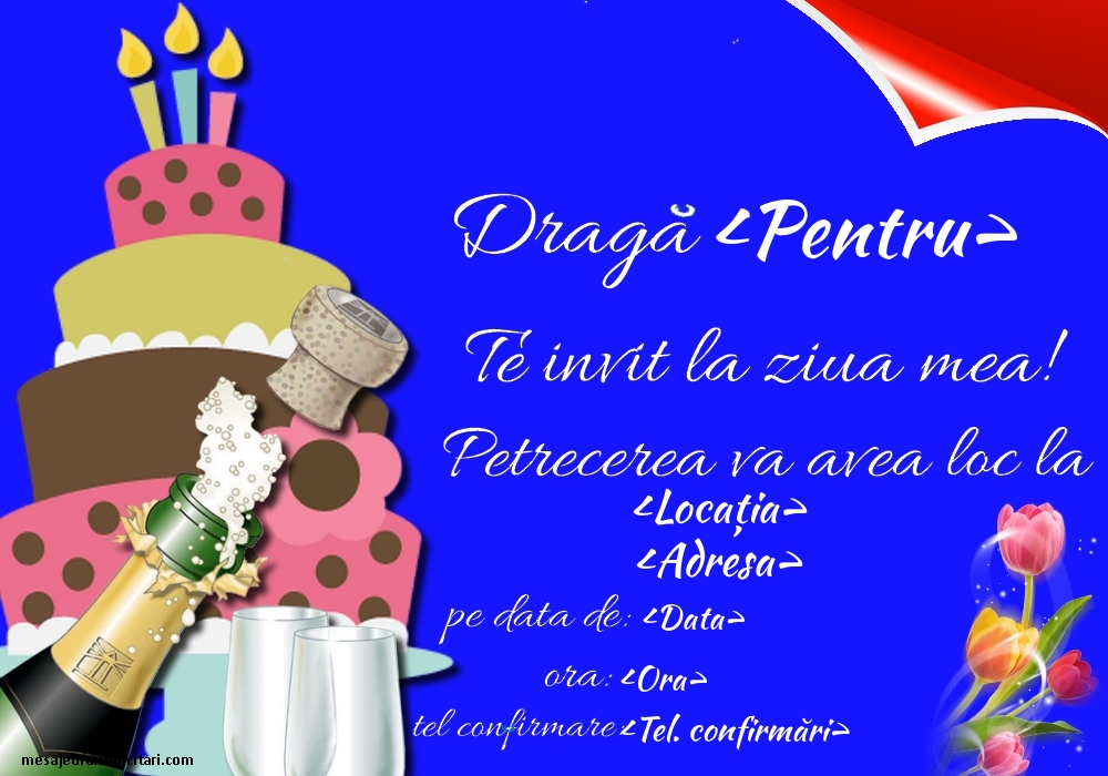 Te invit la ziua mea! Model cu tort, șampanie si flori - Invitații la Ziua de nastere personalizate