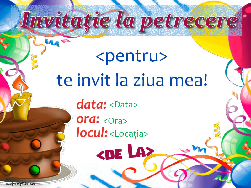 Invitatie la ziua de naștere cu tort si baloane - Invitații la Ziua de nastere personalizate