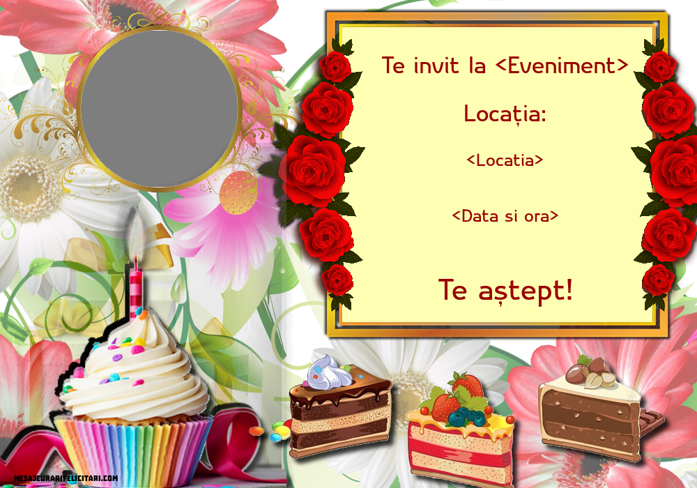 Invitație cu imaginea ta, tort și flori - Invitații la Ziua de nastere personalizate