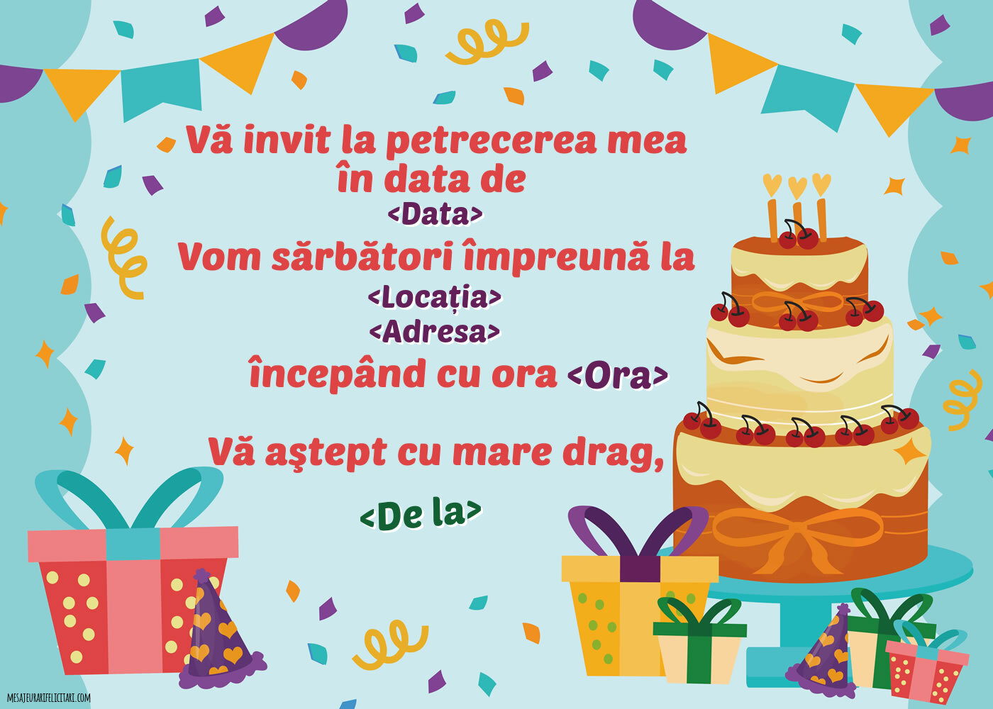 Vă invit la petrecerea mea! - Tort & Cadouri & Confeti - Invitații la Ziua de nastere personalizate