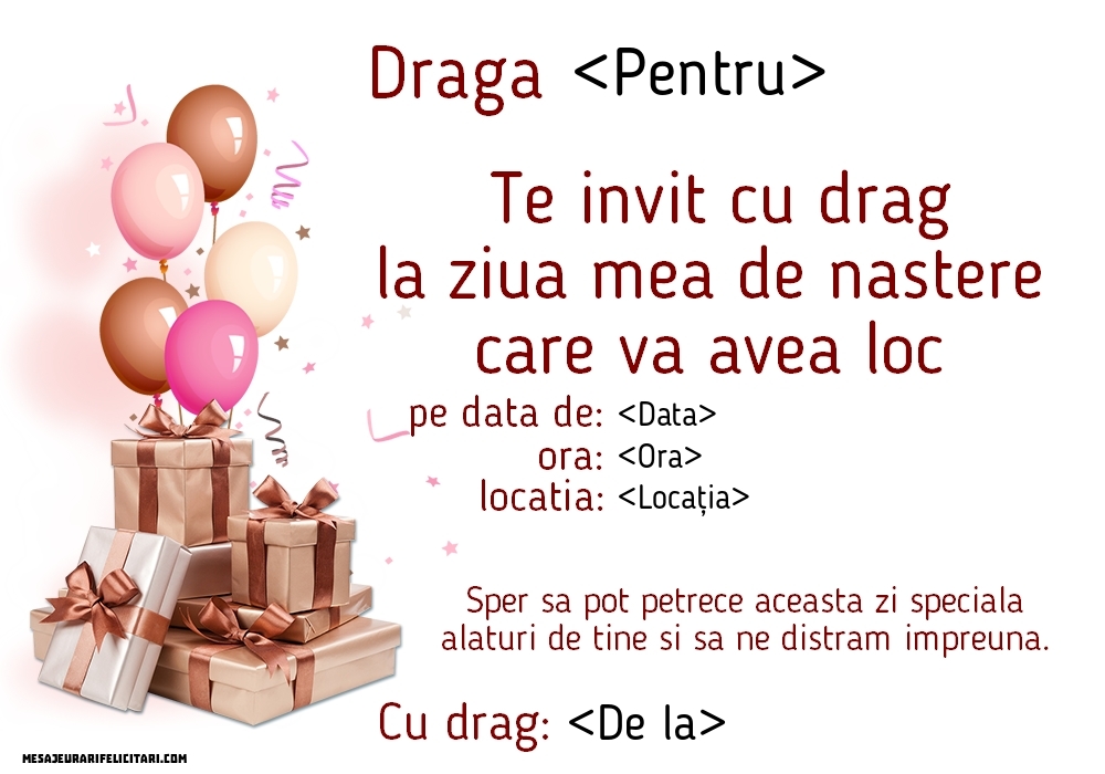 Te invit cu drag la  ziua mea de naștere - model cadouri si baloane - Invitații la Ziua de nastere personalizate