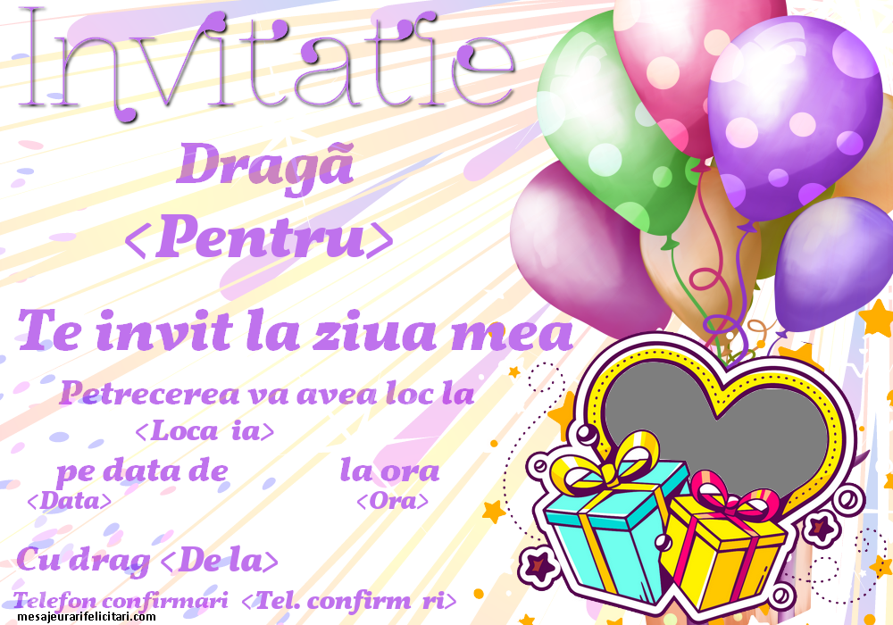 Te invit la ziua mea! - Model cu baloane si ramă foto - Invitații la Ziua de nastere personalizate