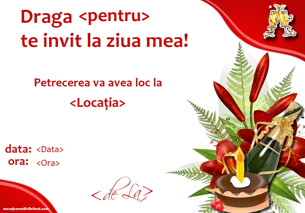 Invitatie la ziua de naștere cu tort, sampanie si flori - Invitații la Ziua de nastere personalizate