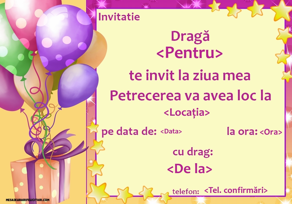 Invitație la petrecere cu baloane si cadou - Invitații la Ziua de nastere personalizate