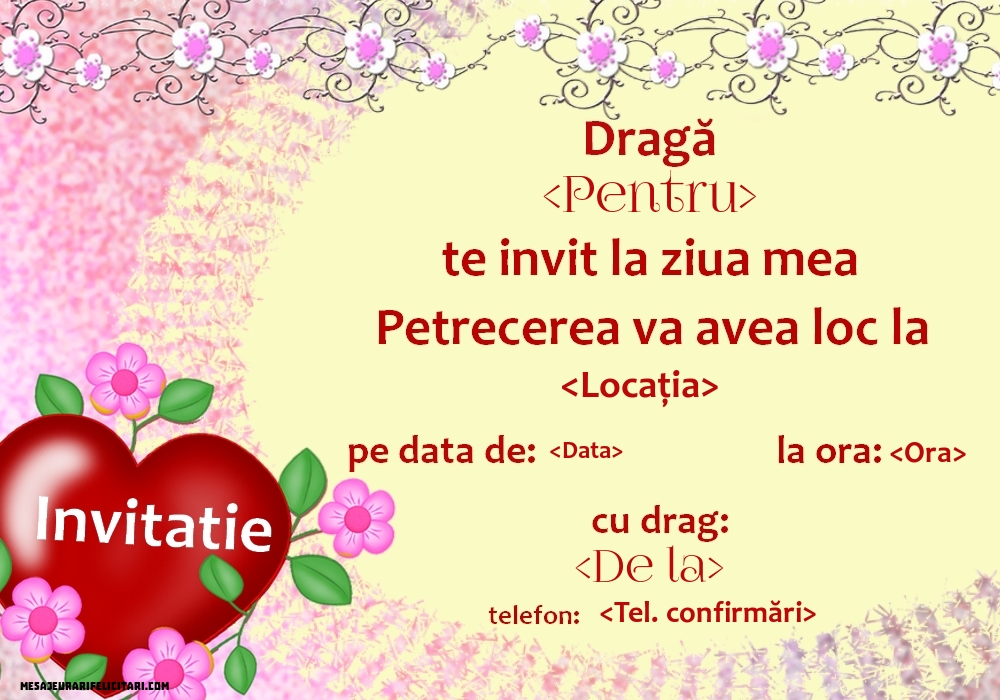 Invitație la petrecere cu inimă și flori - Invitații la Ziua de nastere personalizate