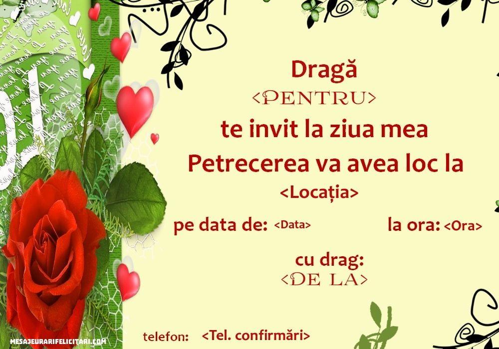 Invitație la petrecere cu trandafir - Invitații la Ziua de nastere personalizate