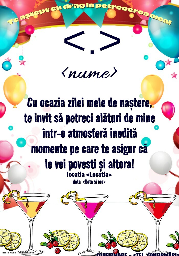 Invitație la petrecerea cu pahare de cocktail si baloane - Invitații la Ziua de nastere personalizate