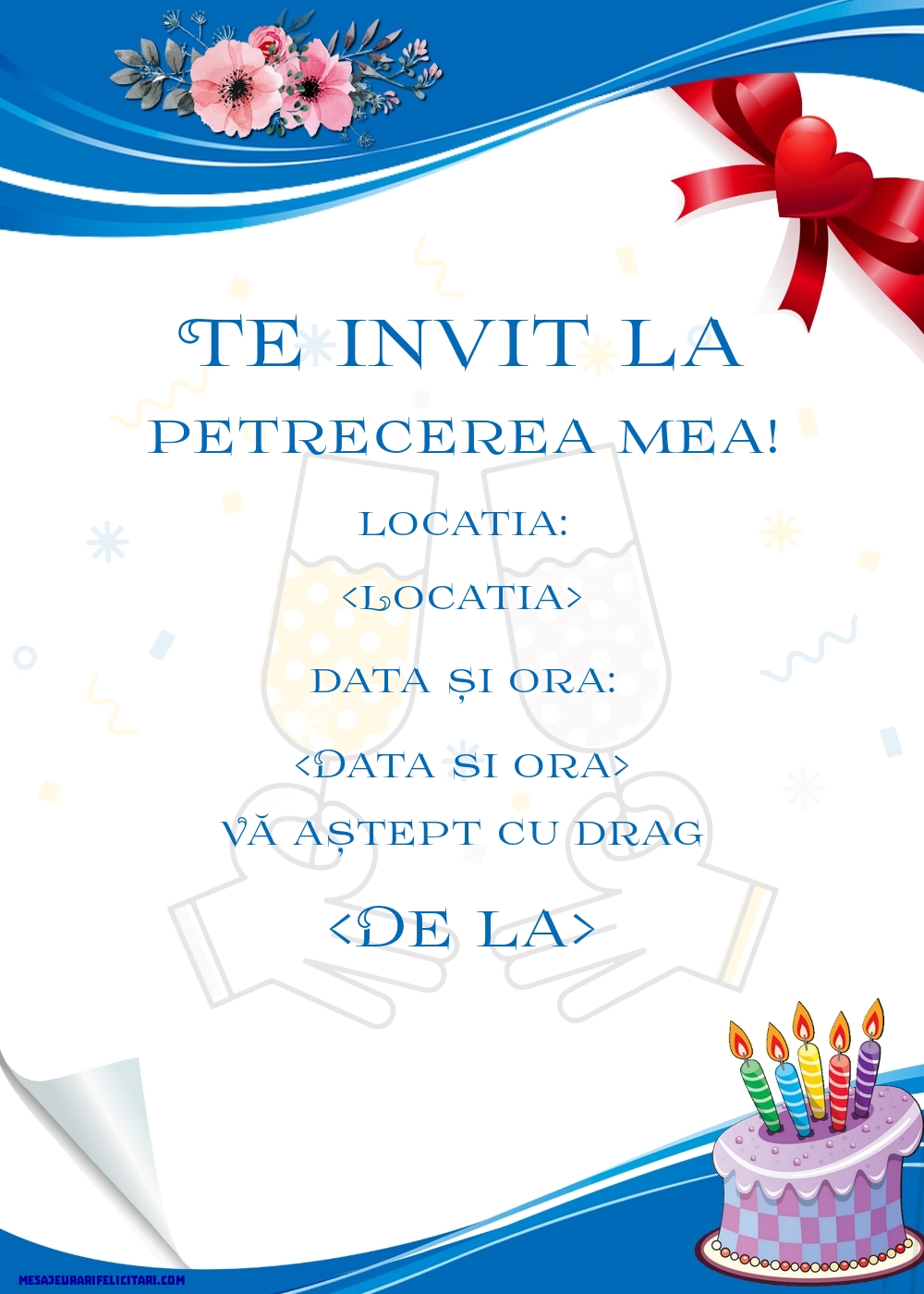 Invitație verticală cu tort si pahare de șampanie - Invitații la Ziua de nastere personalizate