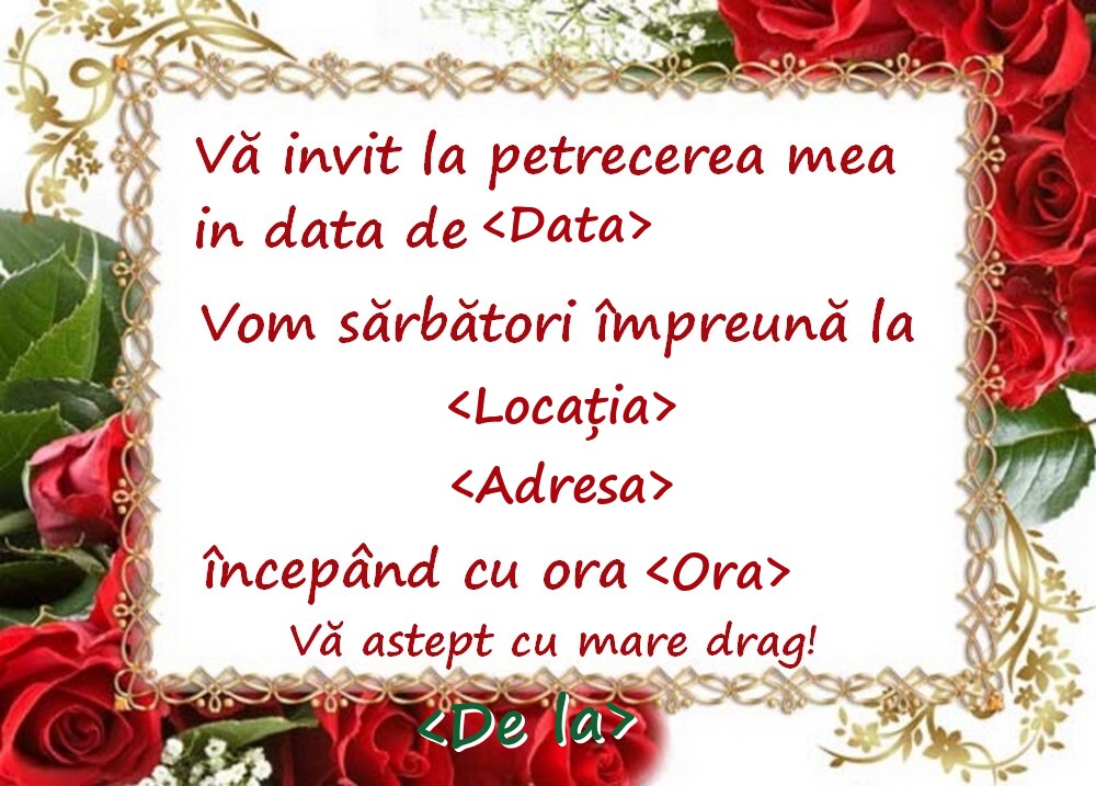 Invitatie cu trandafiri roșii - Invitații la Ziua de nastere personalizate