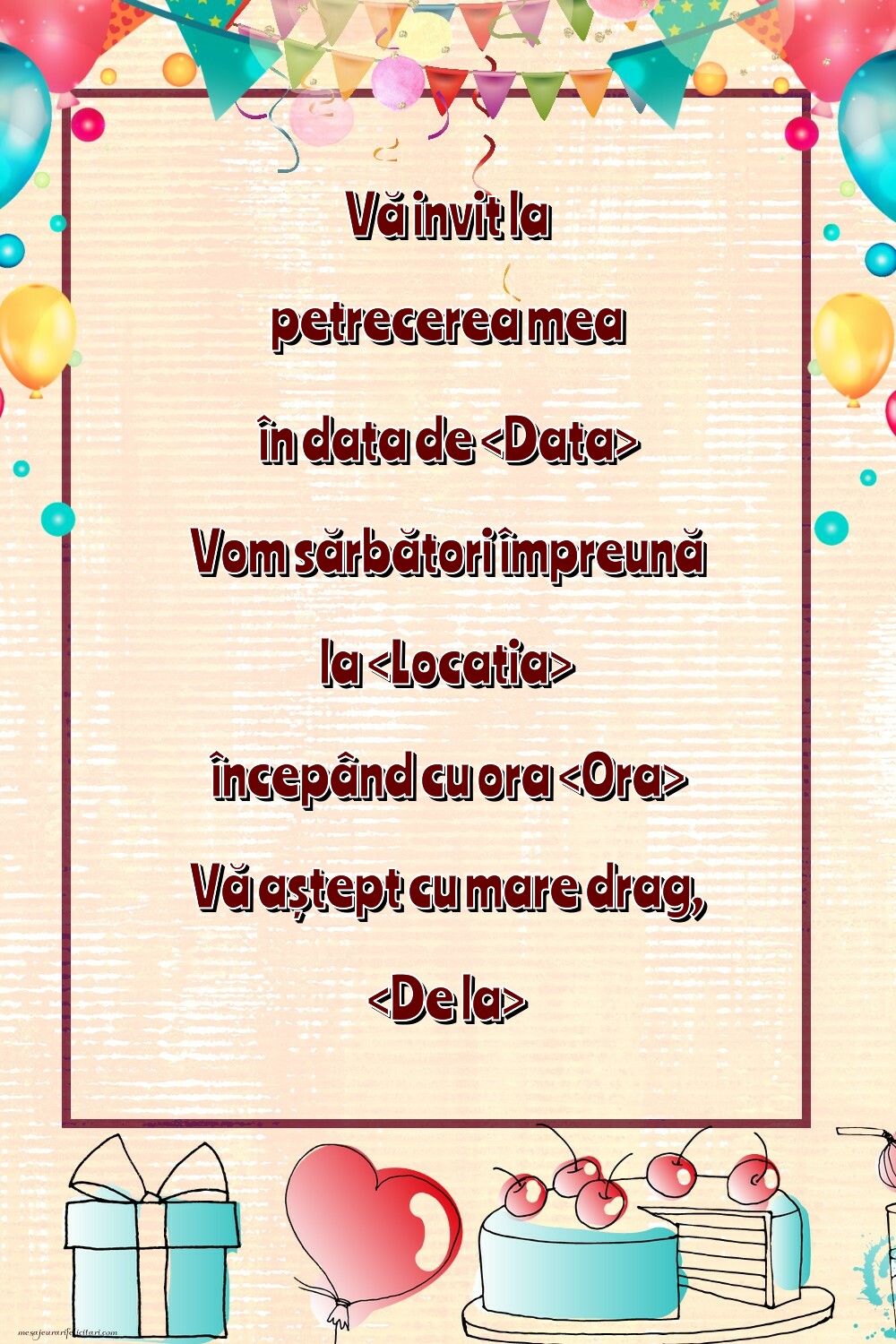 Invitație la petrecere cu tort, baloane si cadouri - Invitații la Ziua de nastere personalizate