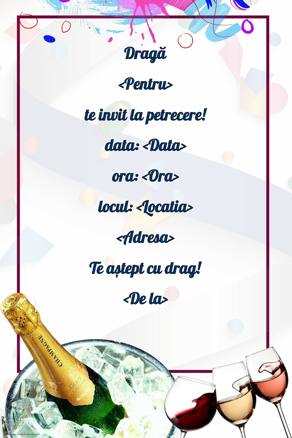 Invitație la petrecere cu șampanie și pahare de vin - Invitații la Ziua de nastere personalizate