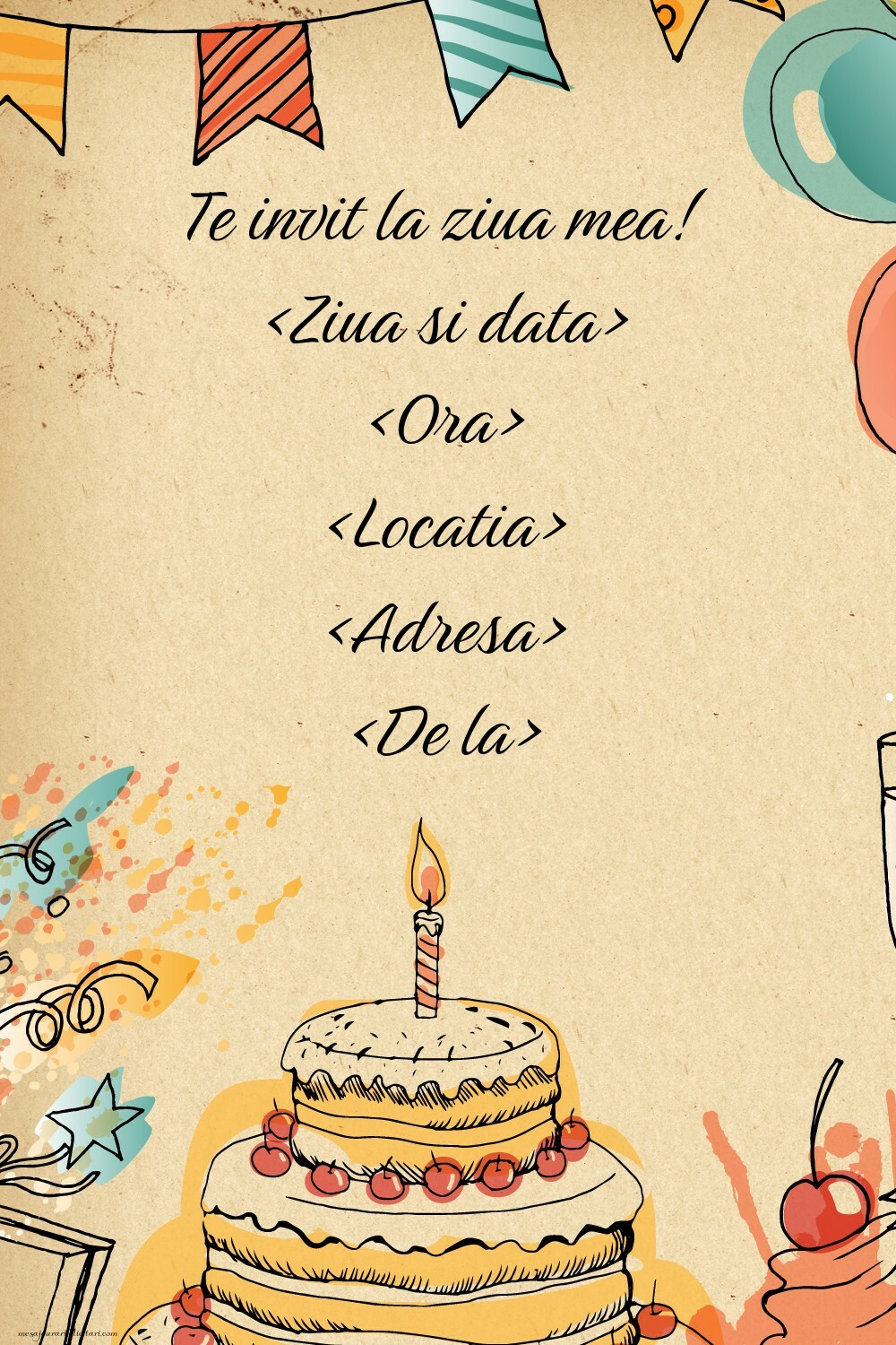 Invitație la petrecere cu tort si decor party - Invitații la Ziua de nastere personalizate