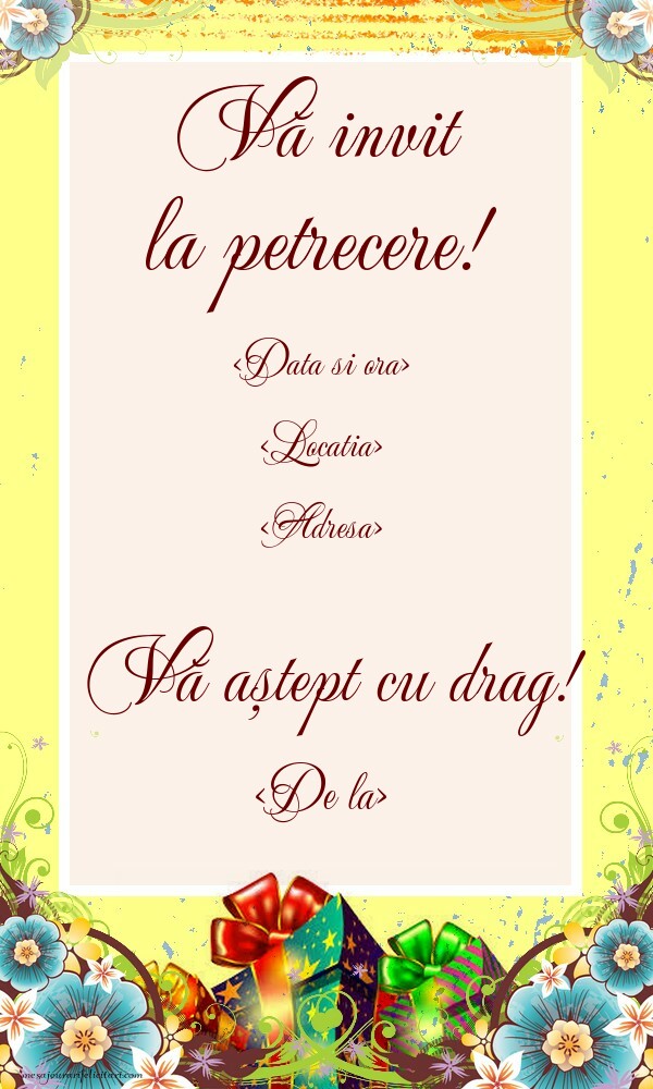 Invitație la petrecere cu cadouri si flori - Invitații la Ziua de nastere personalizate