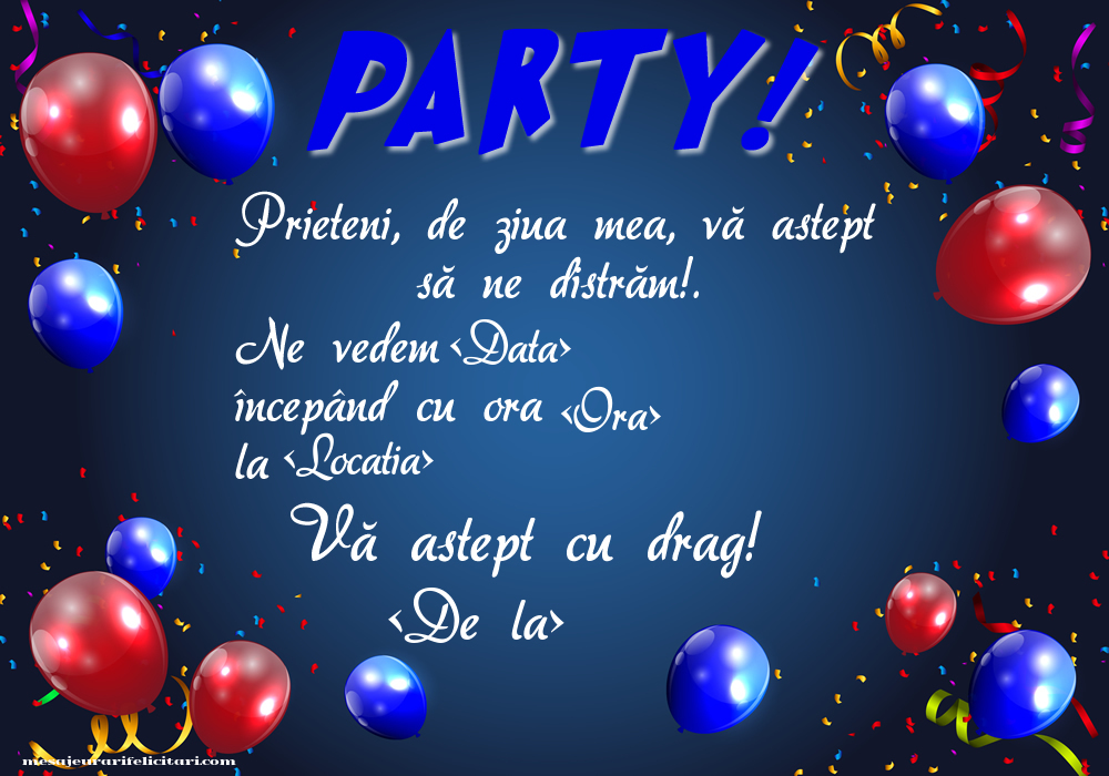 PARTY! - invitație pentru prieteni cu baloane - Invitații la Ziua de nastere personalizate