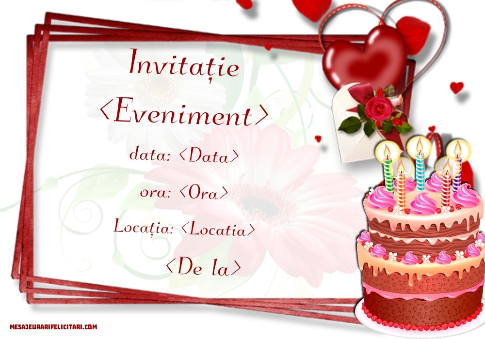 Invitație simplă  cu tort si inimioare - Invitații la Ziua de nastere personalizate