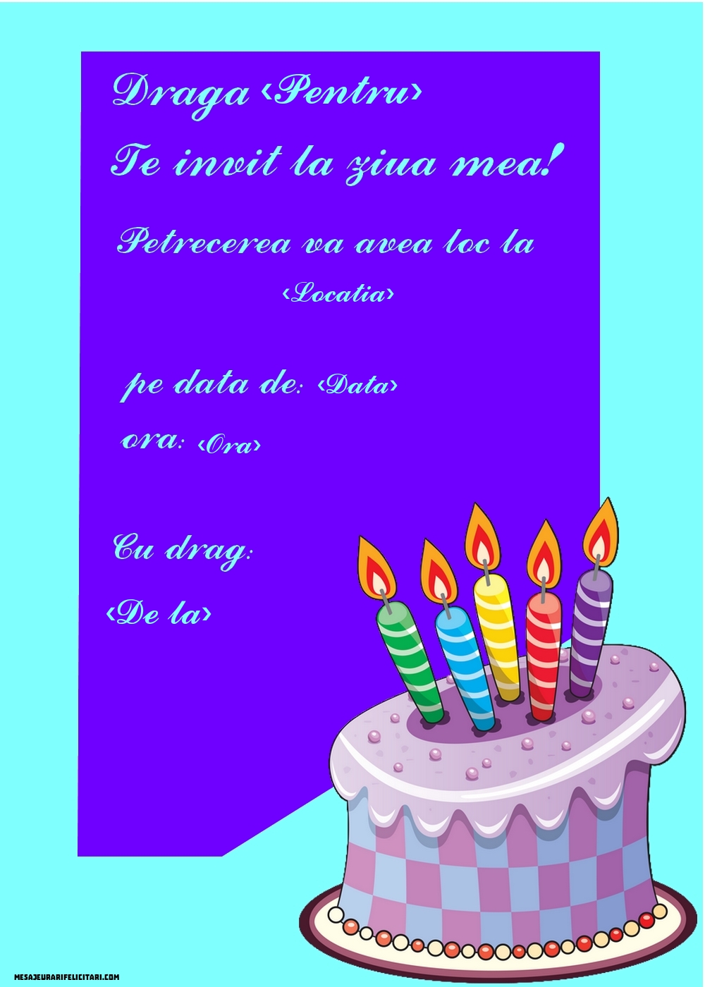 Invitatie la petrecere personalizată cu tort - Invitații la Ziua de nastere personalizate