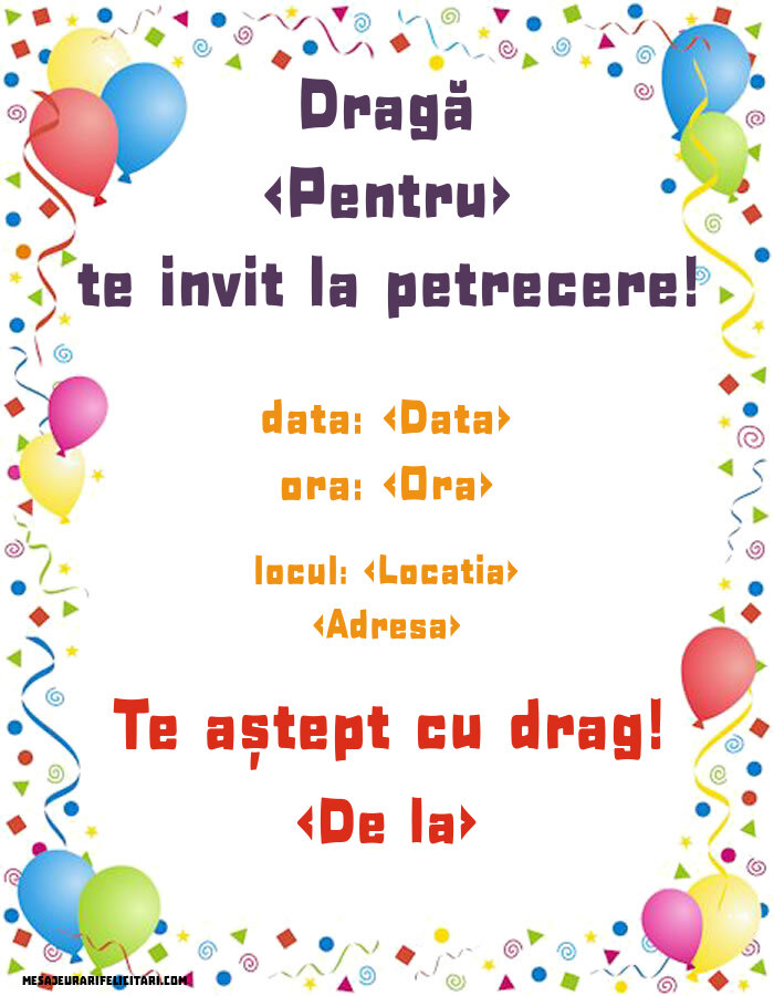 Te invit la petrecere! - invitatie cu baloane - Invitații la Ziua de nastere personalizate