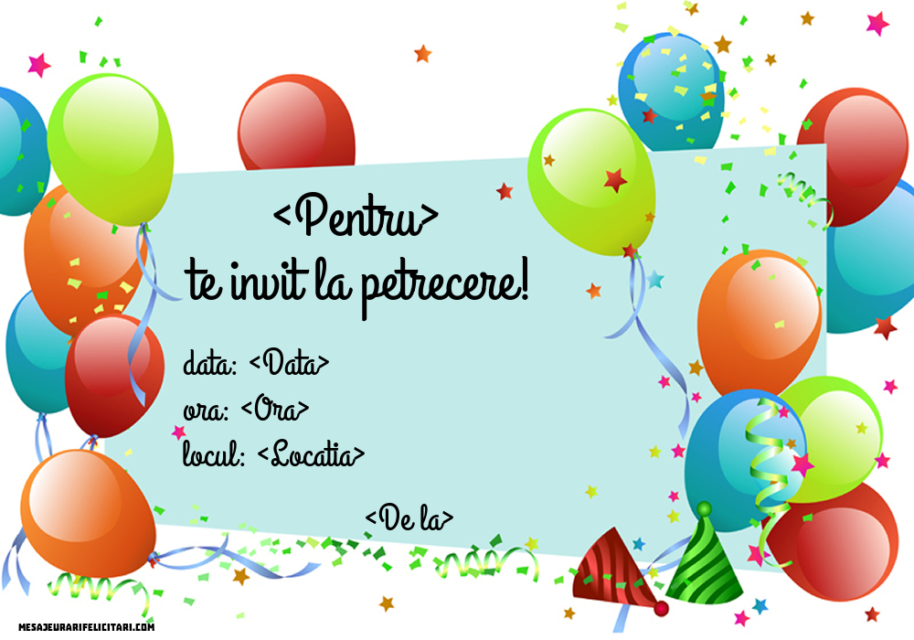 Invitație la petrecere cu baloane și confeti - Invitații la Ziua de nastere personalizate