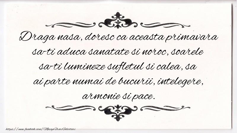 Mesaje de 8 Martie pentru Nasa - Draga nasa, doresc ca aceasta primavara sa-ti aduca sanatate si noroc - mesajeurarifelicitari.com