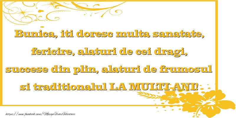 Mesaje de la multi ani pentru Bunica - Bunica, iti doresc multa sanatate, fericire - mesajeurarifelicitari.com