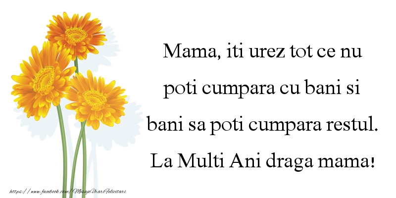 Mesaje de la multi ani pentru Mama - Mama, iti urez tot ce nu poti cumpara cu bani - mesajeurarifelicitari.com