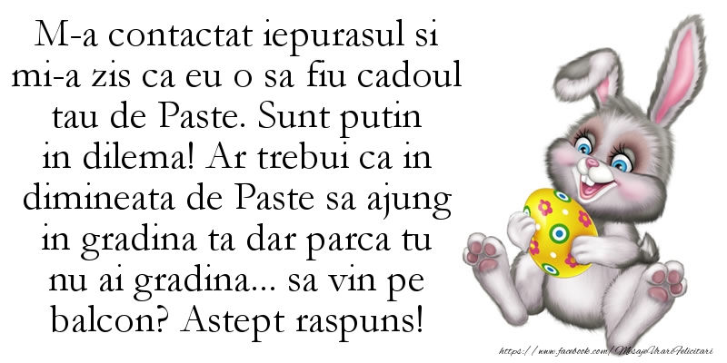 Mesaje de Paste - M-a contactat iepurasul si mi-a zis ca eu o sa fiu cadoul tau de Paste - mesajeurarifelicitari.com