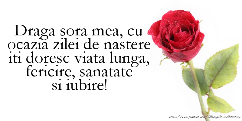 Mesaje de zi de nastere pentru Sora - Draga sora mea, iti doresc viata lunga, fericire, sanatate si iubire - mesajeurarifelicitari.com