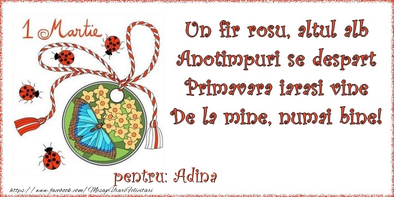 Felicitari de 1 Martie - Buburuză & Flori & Fluturi & Martisor | Un fir rosu, altul alb ... Pentru Adina!
