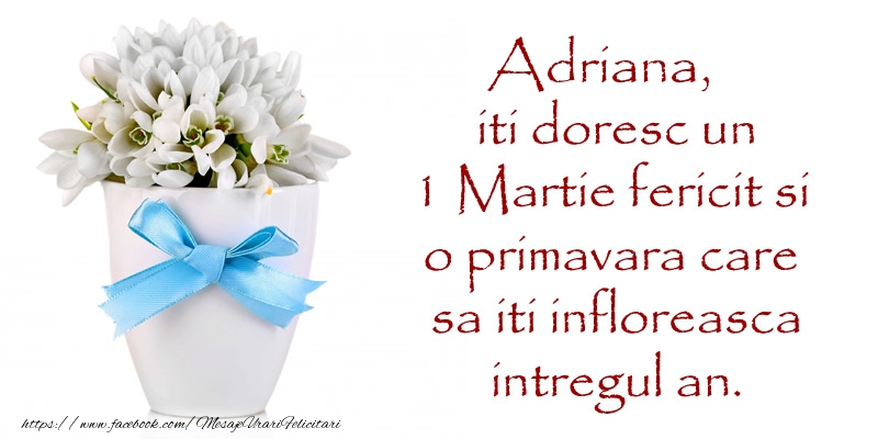 Felicitari de 1 Martie - Adriana iti doresc un 1 Martie fericit si o primavara care sa iti infloreasca intregul an.