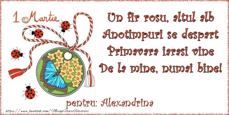 Felicitari de 1 Martie - Buburuză & Flori & Fluturi & Martisor | Un fir rosu, altul alb ... Pentru Alexandrina!