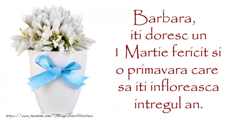 Felicitari de 1 Martie - Barbara iti doresc un 1 Martie fericit si o primavara care sa iti infloreasca intregul an.