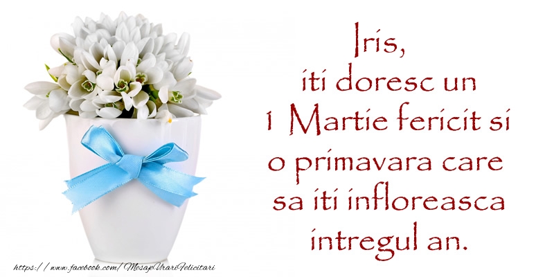 Felicitari de 1 Martie - Iris iti doresc un 1 Martie fericit si o primavara care sa iti infloreasca intregul an.