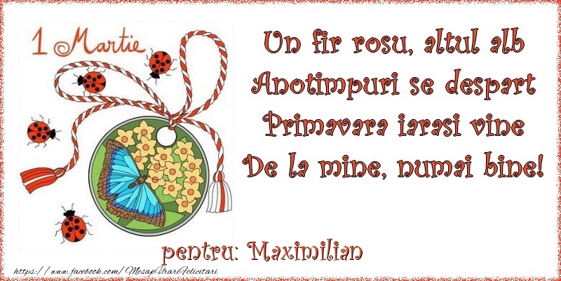 Felicitari de 1 Martie - Buburuză & Flori & Fluturi & Martisor | Un fir rosu, altul alb ... Pentru Maximilian!