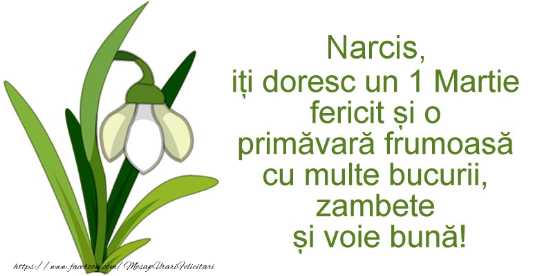Felicitari de 1 Martie - Narcis, iti doresc un 1 Martie fericit si o primavara frumoasa cu multe bucurii, zambete si voie buna!