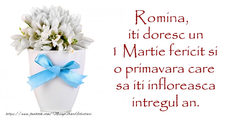 Felicitari de 1 Martie - Romina iti doresc un 1 Martie fericit si o primavara care sa iti infloreasca intregul an.