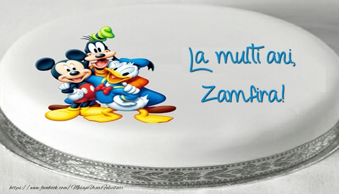Felicitari pentru copii -  Tort cu personaje din desene animate: La multi ani, Zamfira!