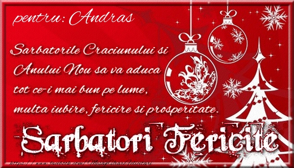Felicitari de Craciun - Pentru Andras Sarbatorile Craciunului si Anului Nou sa va aduca tot ce-i mai bun pe lume, multa iubire, fericire si prosperitate.
